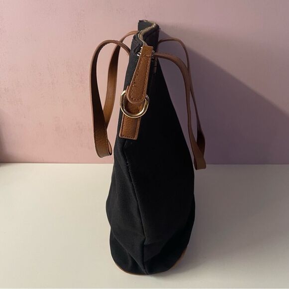Forever 21 Black Canvas & Cognac Brown Faux Leather Tote Bag GUC - Picture 3 of 6
